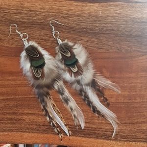 Brown and Green Feathered Earrings with Turquoise Accents